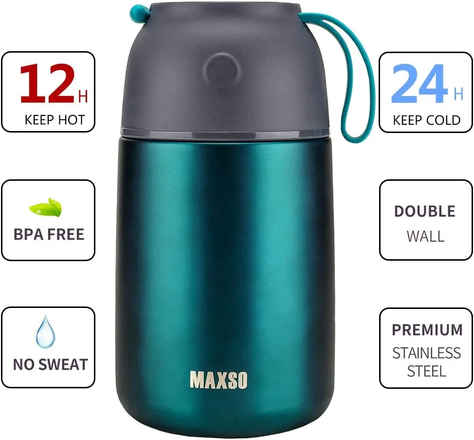 MAXSO 2 Pack Soup Thermo for Hot & Cold Food for Kids Adults, Vacuum Insulated Food Jar Thermal Lunch Containers, Travel Food Flask with Spoon (24 oz,17 oz) (Matte Green)