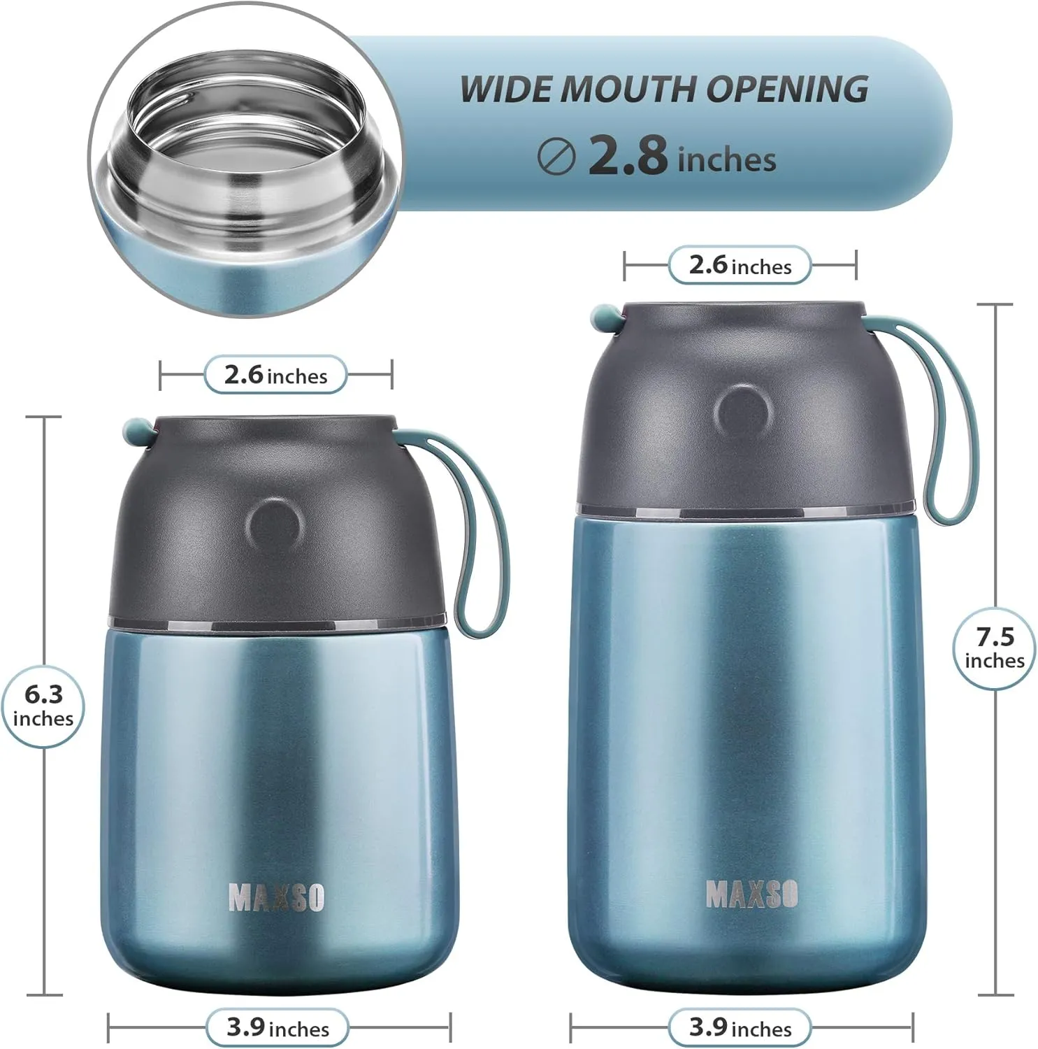 MAXSO 2 Pack Soup Thermo for Hot & Cold Food for Kids Adults, Vacuum Insulated Food Jar Thermal Lunch Containers, Travel Food Flask with Spoon (24 oz,17 oz) (Shinny Blue)