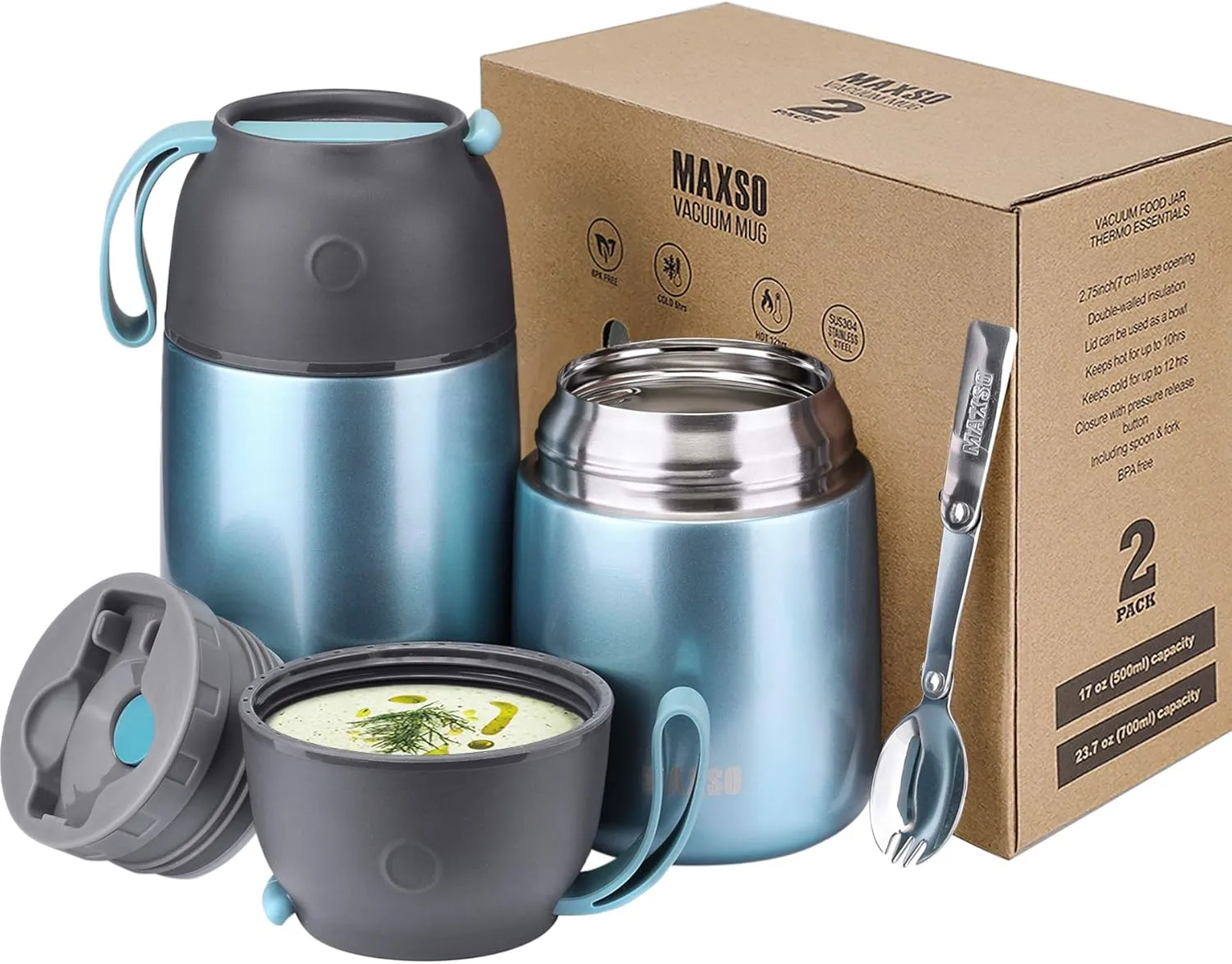 MAXSO 2 Pack Soup Thermo for Hot & Cold Food for Kids Adults, Vacuum Insulated Food Jar Thermal Lunch Containers, Travel Food Flask with Spoon (24 oz,17 oz) (Shinny Blue)