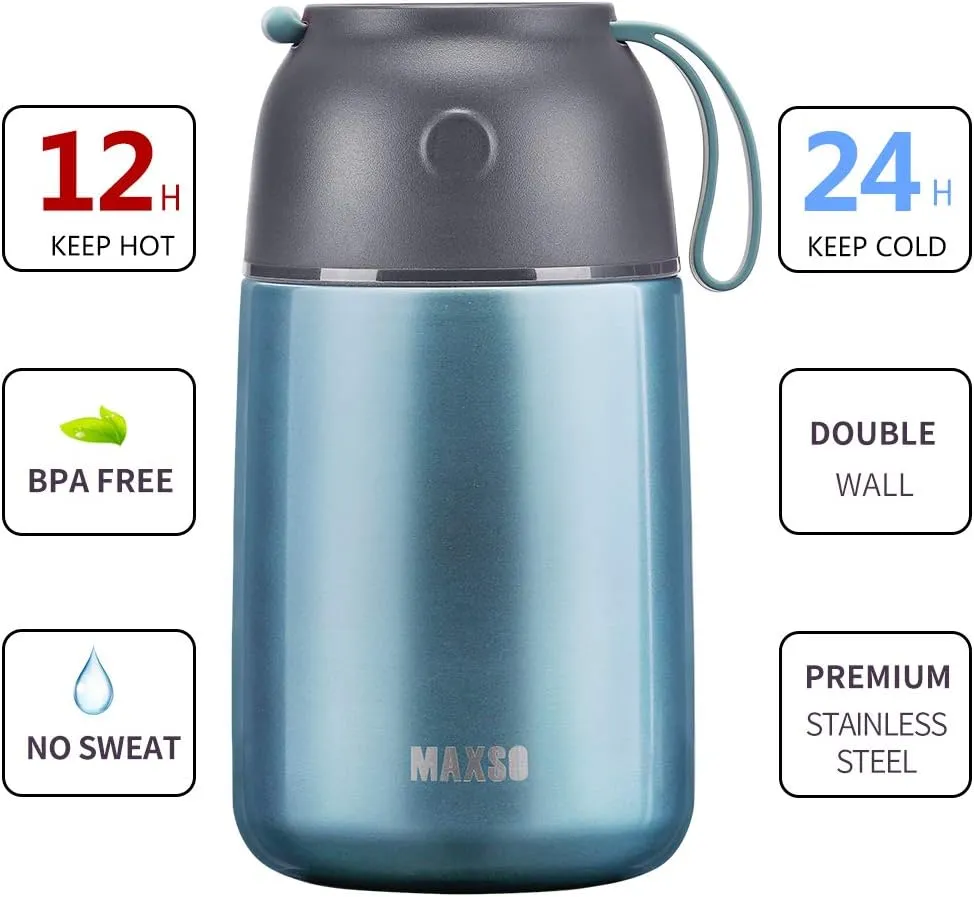MAXSO 2 Pack Soup Thermo for Hot & Cold Food for Kids Adults, Vacuum Insulated Food Jar Thermal Lunch Containers, Travel Food Flask with Spoon (24 oz,17 oz) (Shinny Blue)