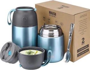 MAXSO 2 Pack Soup Thermo for Hot & Cold Food for Kids Adults, Vacuum Insulated Food Jar Thermal Lunch Containers, Travel Food Flask with Spoon (24 oz,17 oz) (Shinny Blue)
