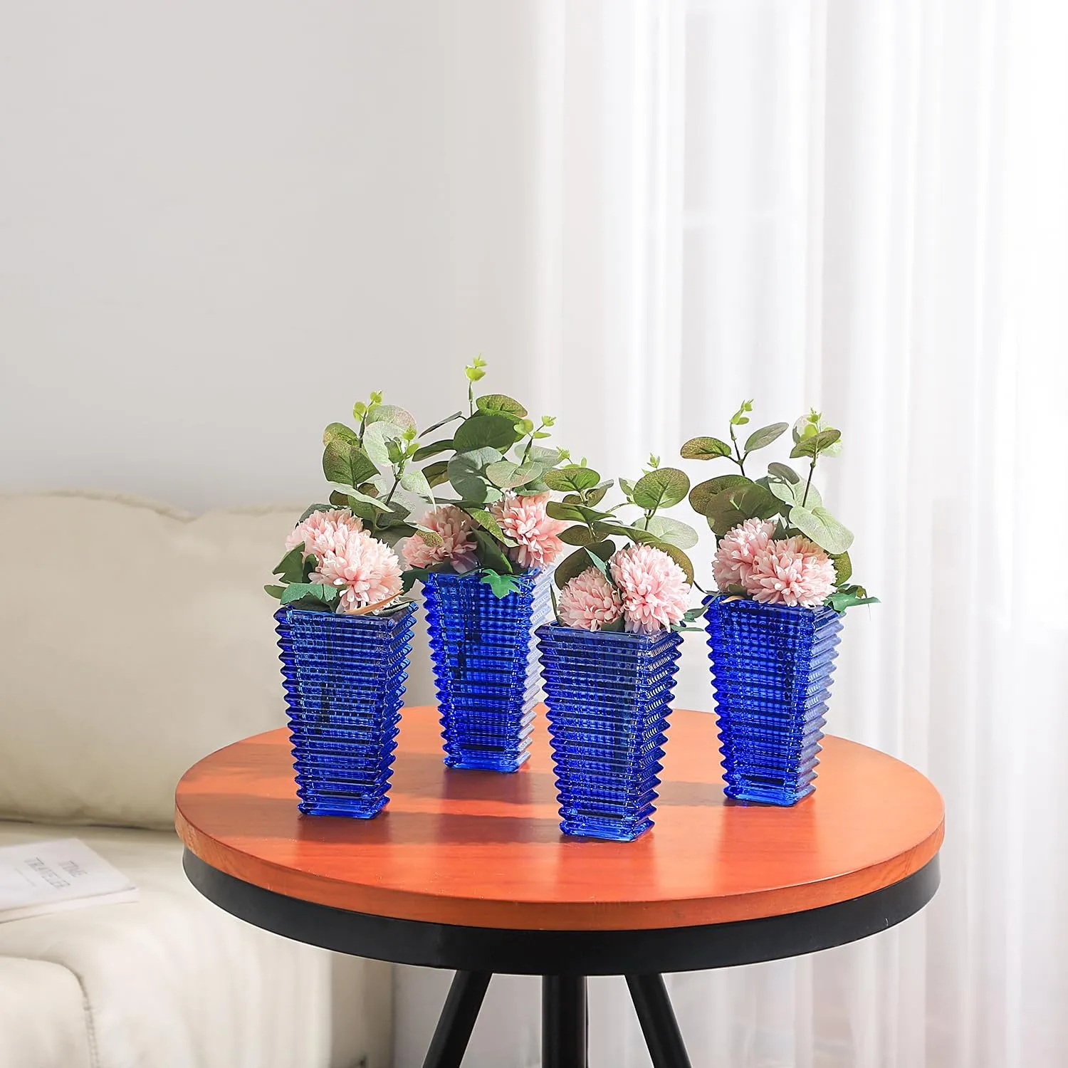 MCMCNCUIU Crystal Vases, Small Vases, Set of 4 Blue Glass Vases, Flower Vases for Centerpieces, Modern Vases, Vintage Vases for Living Room, Bedroom, Kitchen, Dining Table, Shelf, Wedding, 6 Inches