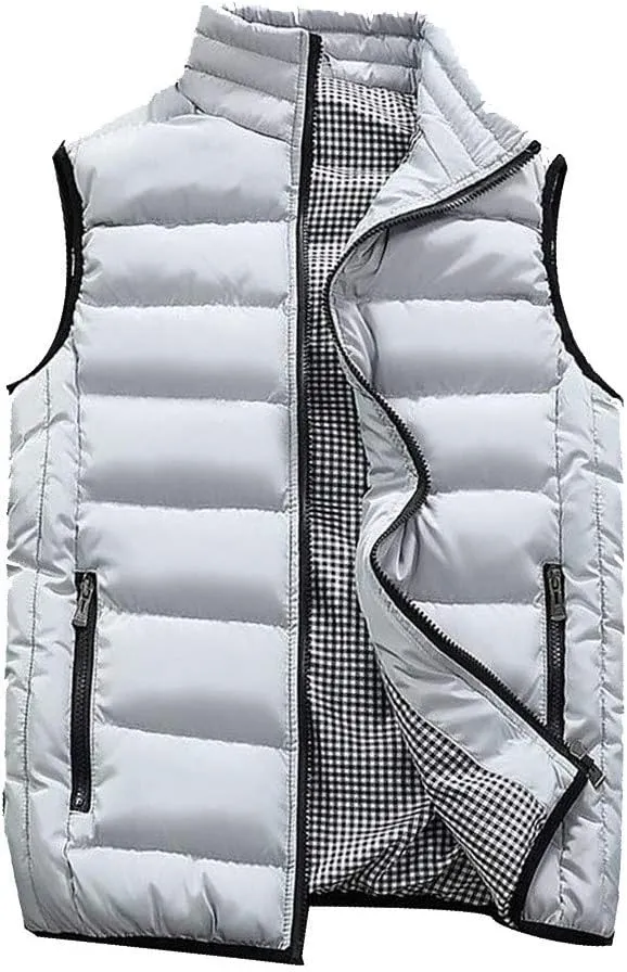 Men Winter Vest Winter Fashion Casual Solid Color Zipper Collar Pocket Hoodless Sleeveless Cotton Padded Puffer