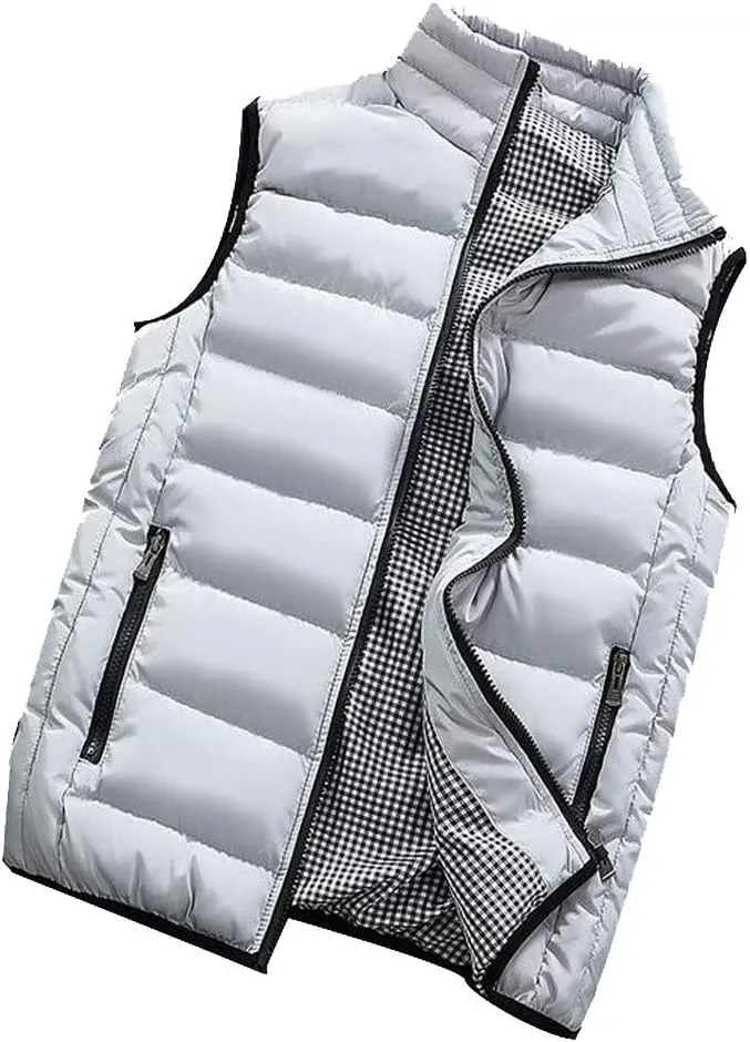 Men Winter Vest Winter Fashion Casual Solid Color Zipper Collar Pocket Hoodless Sleeveless Cotton Padded Puffer