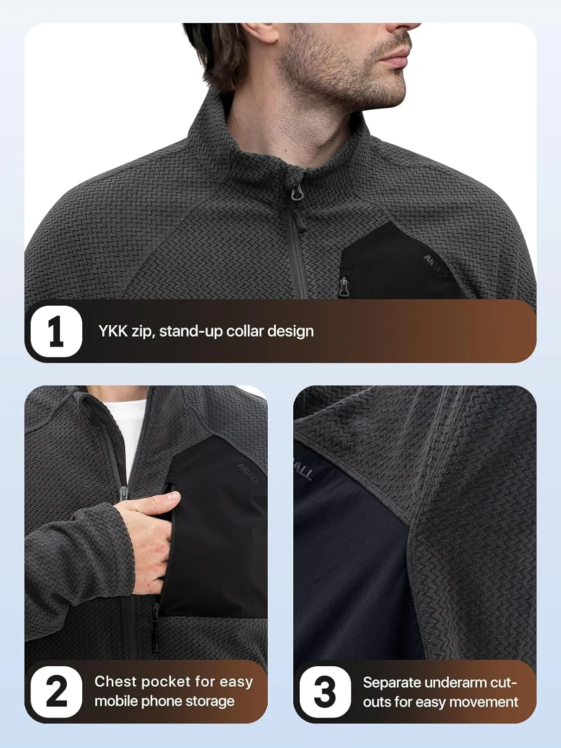 Men's AIR Full Zip Wave-textured Lightweight Fleece Jacket Breathable Spring Jacket for Outdoor Hiking Camping