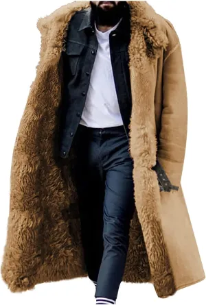 Mens Casual Padded Faux Suede Long Jackets Single Breasted Long Sleeves Thicken Fur Coats Fashion Warm Winter Tops