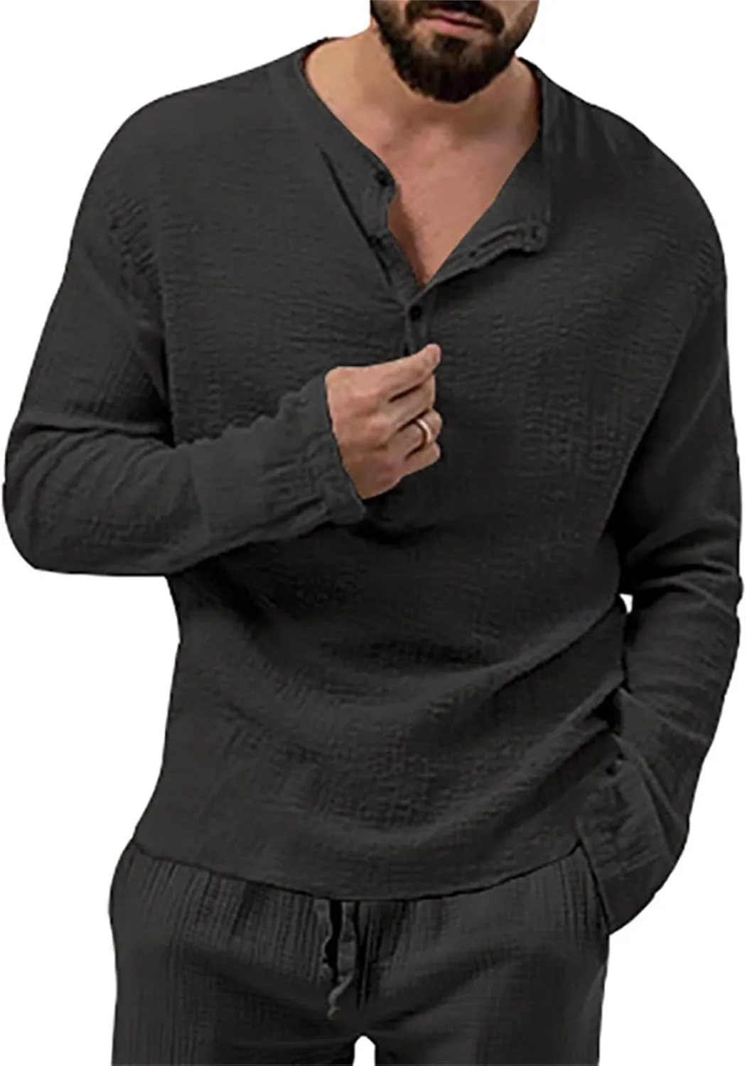Men's Henley Shirt Tops Crew Neck Button Pleated Long Sleeve Casual Tshirt Breathable Loose Fall Fashion 2024 Outfits