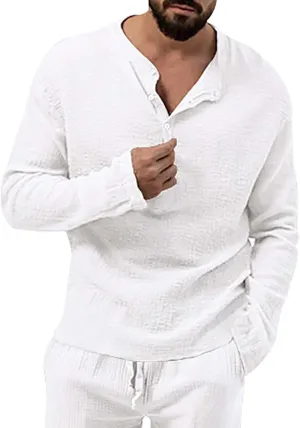 Men's Henley Shirt Tops Crew Neck Button Pleated Long Sleeve Casual Tshirt Breathable Loose Fall Fashion 2024 Outfits