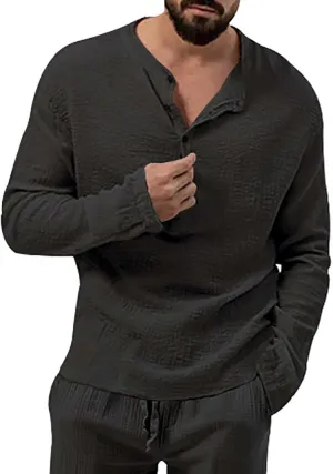 Men's Henley Shirt Tops Crew Neck Button Pleated Long Sleeve Casual Tshirt Breathable Loose Fall Fashion 2024 Outfits