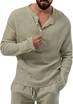 Men's Henley Shirt Tops Crew Neck Button Pleated Long Sleeve Casual Tshirt Breathable Loose Fall Fashion 2024 Outfits