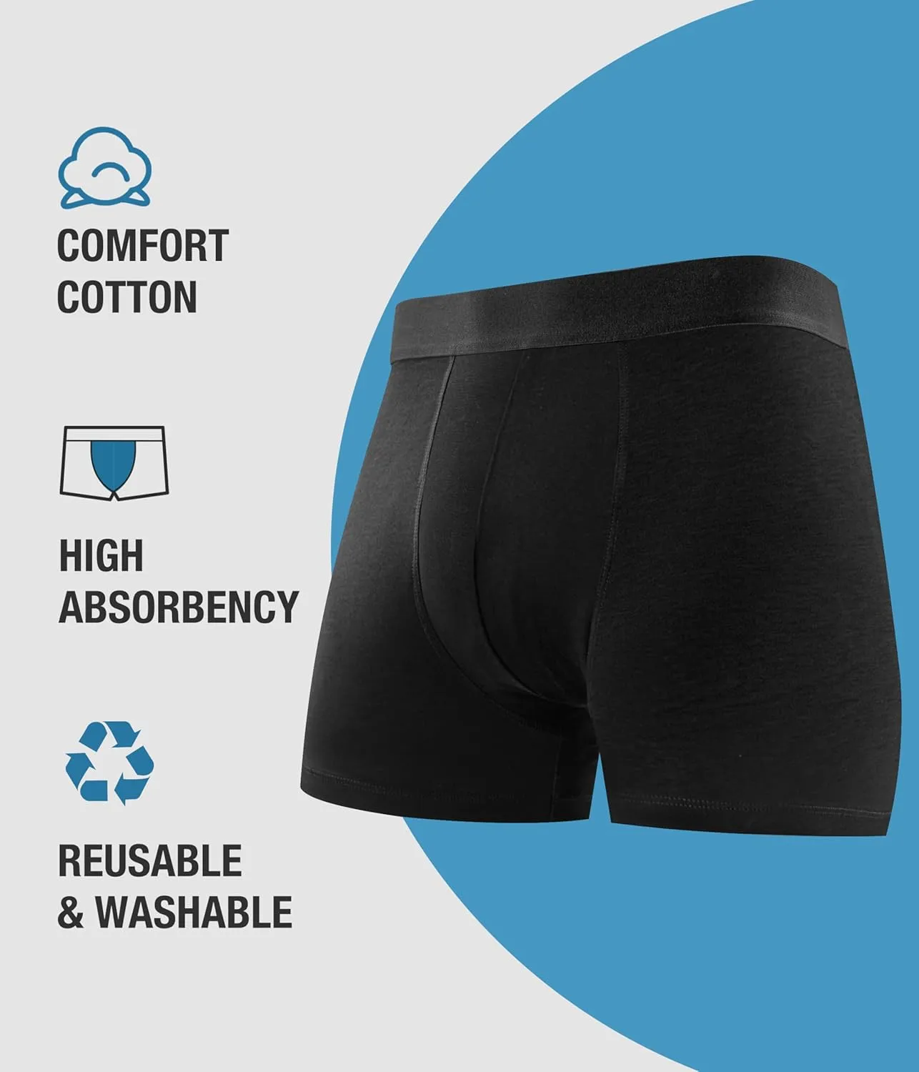 Men's Incontinence Underwear, Leak Proof Washable Reusable Cotton Boxer Brief, Heavy Flow Bladder Leak 3 Pack (Black, Large)
