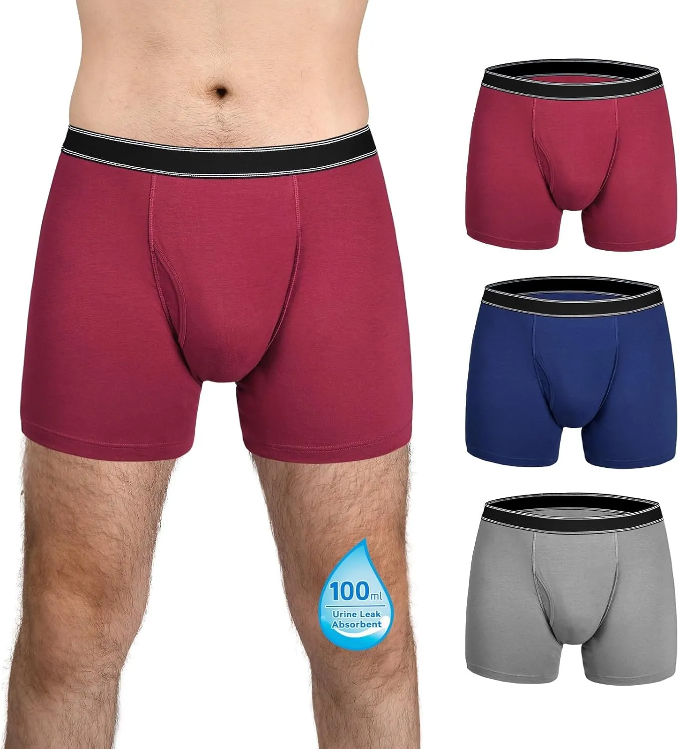 Mens Incontinence Underwear Washable Cotton Reusable Leakproof Boxer Briefs 3 Pack(Large, Gray/Navy Blue/Burgundy)