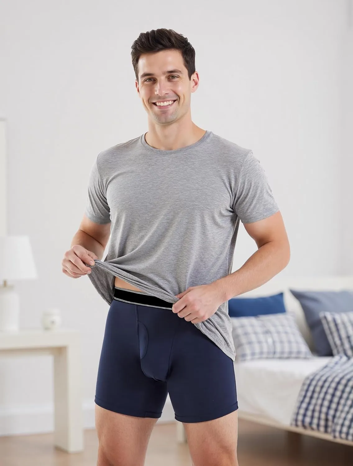 Mens Incontinence Underwear Washable Cotton Reusable Leakproof Boxer Briefs 3 Pack(Large, Gray/Navy Blue/Burgundy)