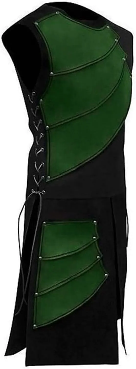 Mens Knight Viking Pirate Armor Costume Set with Side Laces, Long Waistcoats Bracers, Medieval Sleeveless Waistcoats