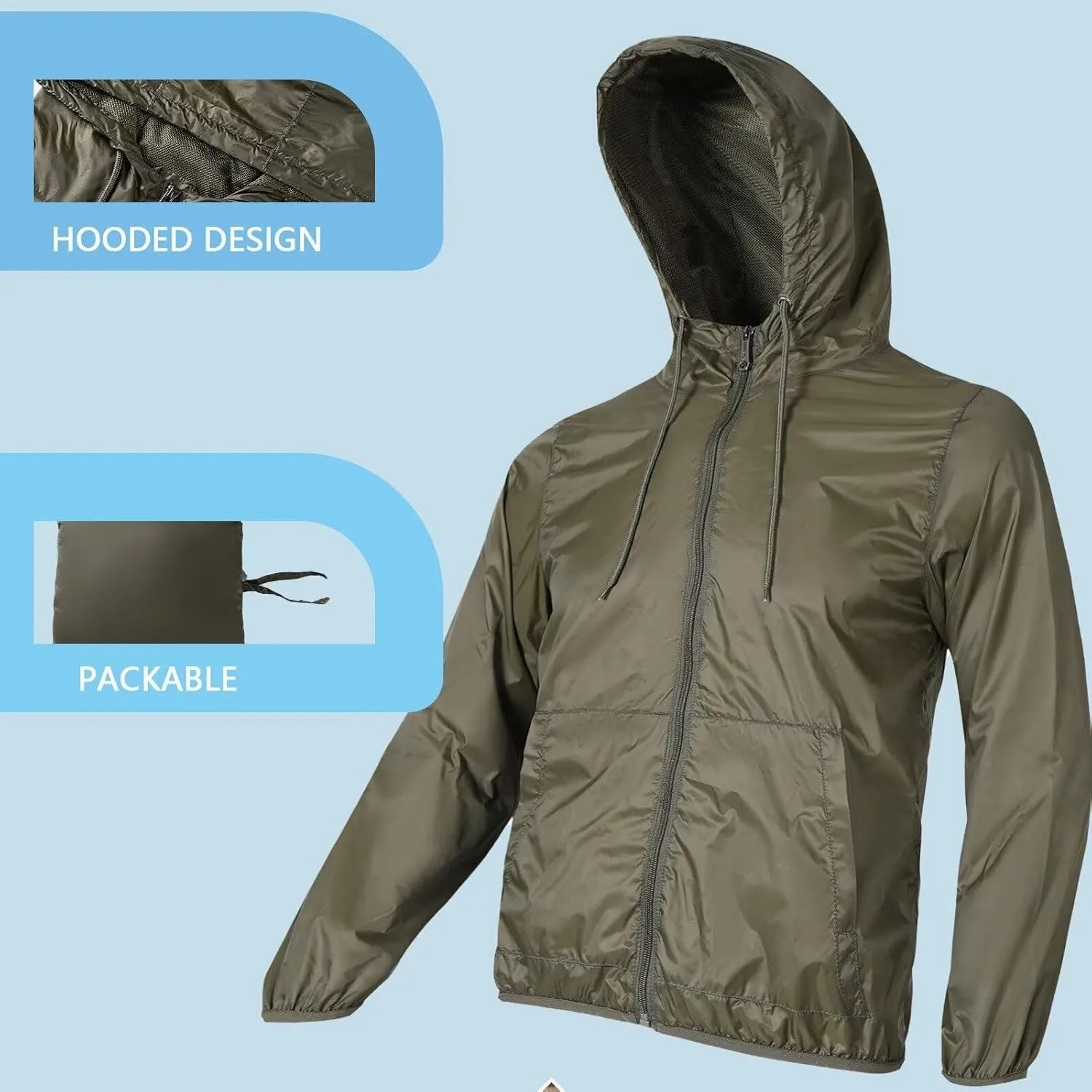 Mens Lightweight Running Jacket Waterproof Cycling Jackets Packable Uv Sun Protection Windbreaker with Hood