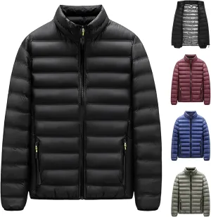 Mens Quilted Jacket Packable Stand Collar Down Jacket Casual Full Zip Warm Winter Coat Waterproof Thermal Warm