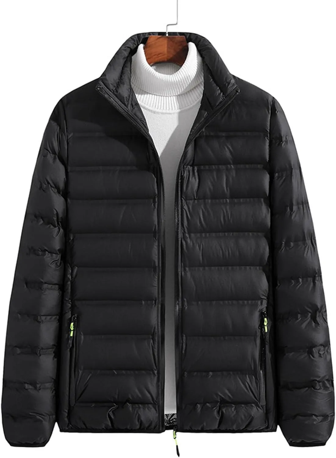 Mens Quilted Jacket Packable Stand Collar Down Jacket Casual Full Zip Warm Winter Coat Waterproof Thermal Warm