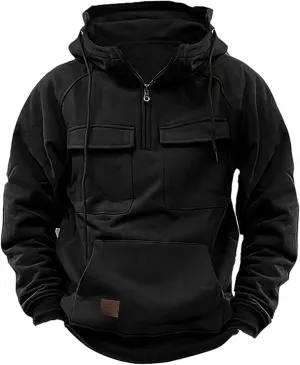 Mens Tactical Hoodies Sweatshirt Quarter Zip Cargo Pullover Hoodies Workout Gym Sports Running Outdoor Winter Jackets