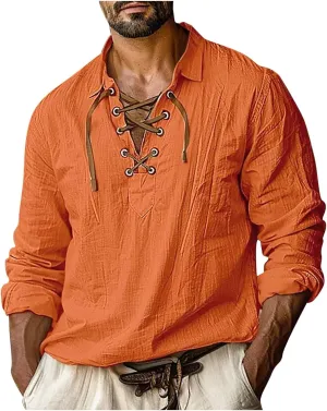 Mens Winter 2024 Retro Style Cotton Linen Shirt Classic Roll-Up Sleeve V Neck Lace Up Hippie Beach Top Pirate Blouses