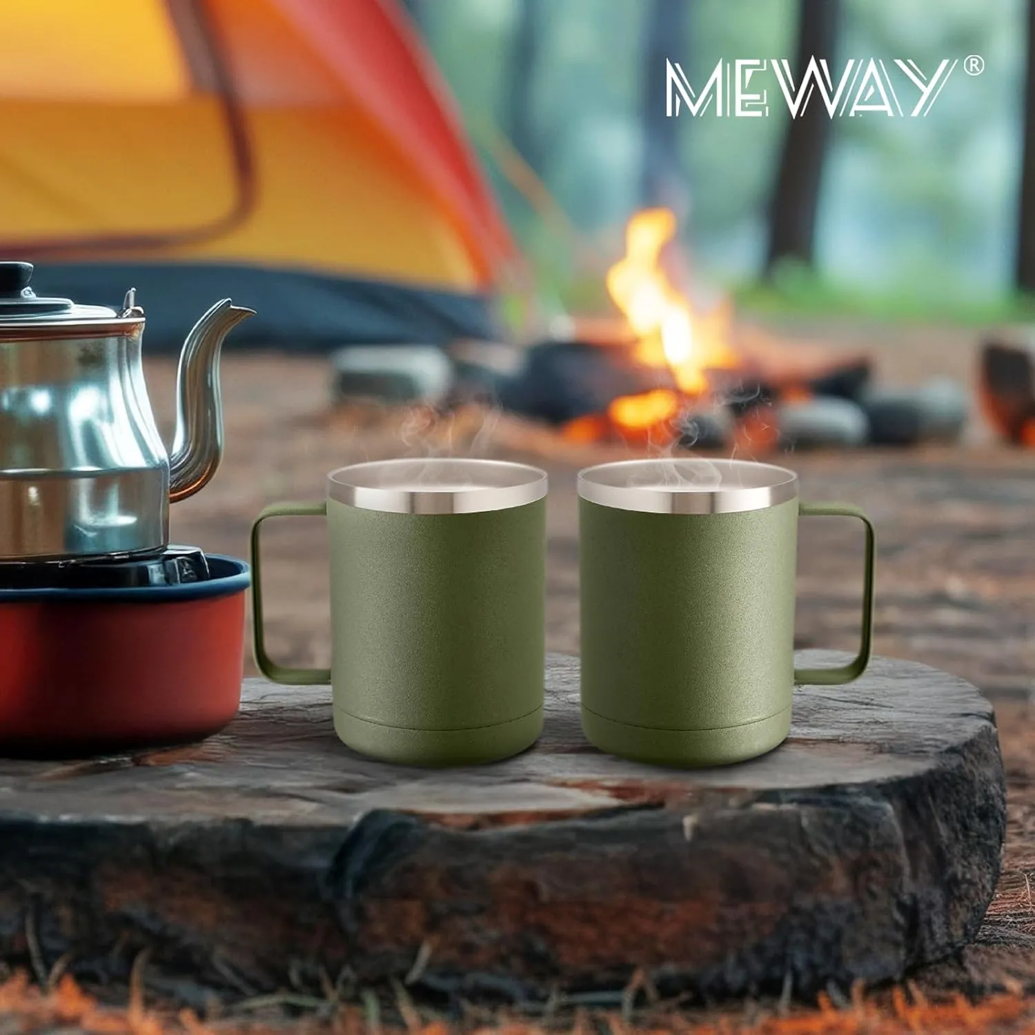 MEWAY 12oz Coffee Mug With Handle 2 Pack Bulk,Stainless Steel Insulated Travel Tumblers With Sliding Lid,Double Wall Vacuum Camping Cup for Hot & Cold Drinks Tea (Army Green,Set of 2)