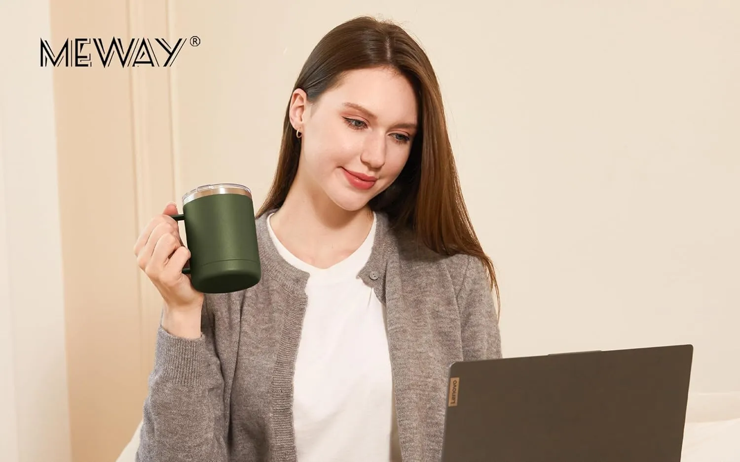 MEWAY 12oz Coffee Mug With Handle 2 Pack Bulk,Stainless Steel Insulated Travel Tumblers With Sliding Lid,Double Wall Vacuum Camping Cup for Hot & Cold Drinks Tea (Army Green,Set of 2)