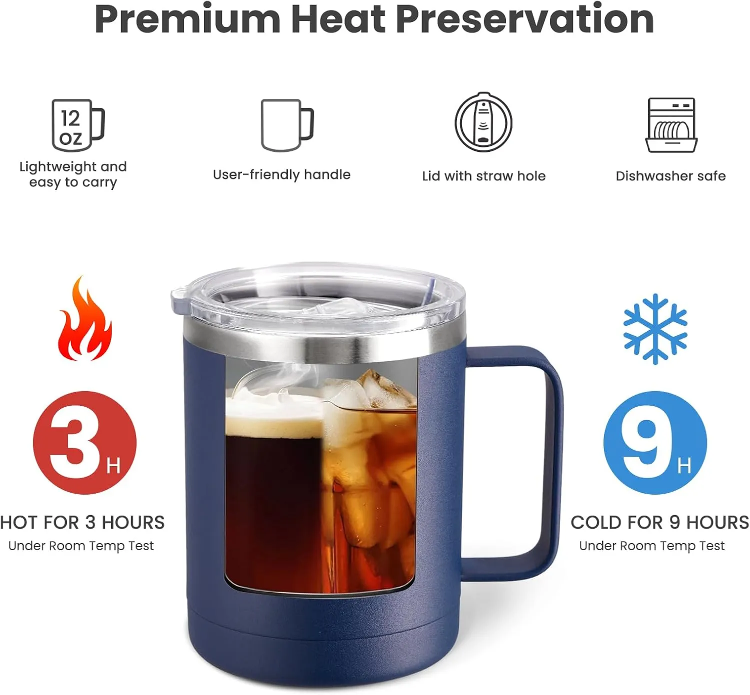 MEWAY 12oz Coffee Mug With Handle 8 Pack Bulk,Stainless Steel Insulated Travel Tumblers With Sliding Lid,Double Wall Vacuum Camping Cup for Hot & Cold Drinks Tea (Navy, 8)
