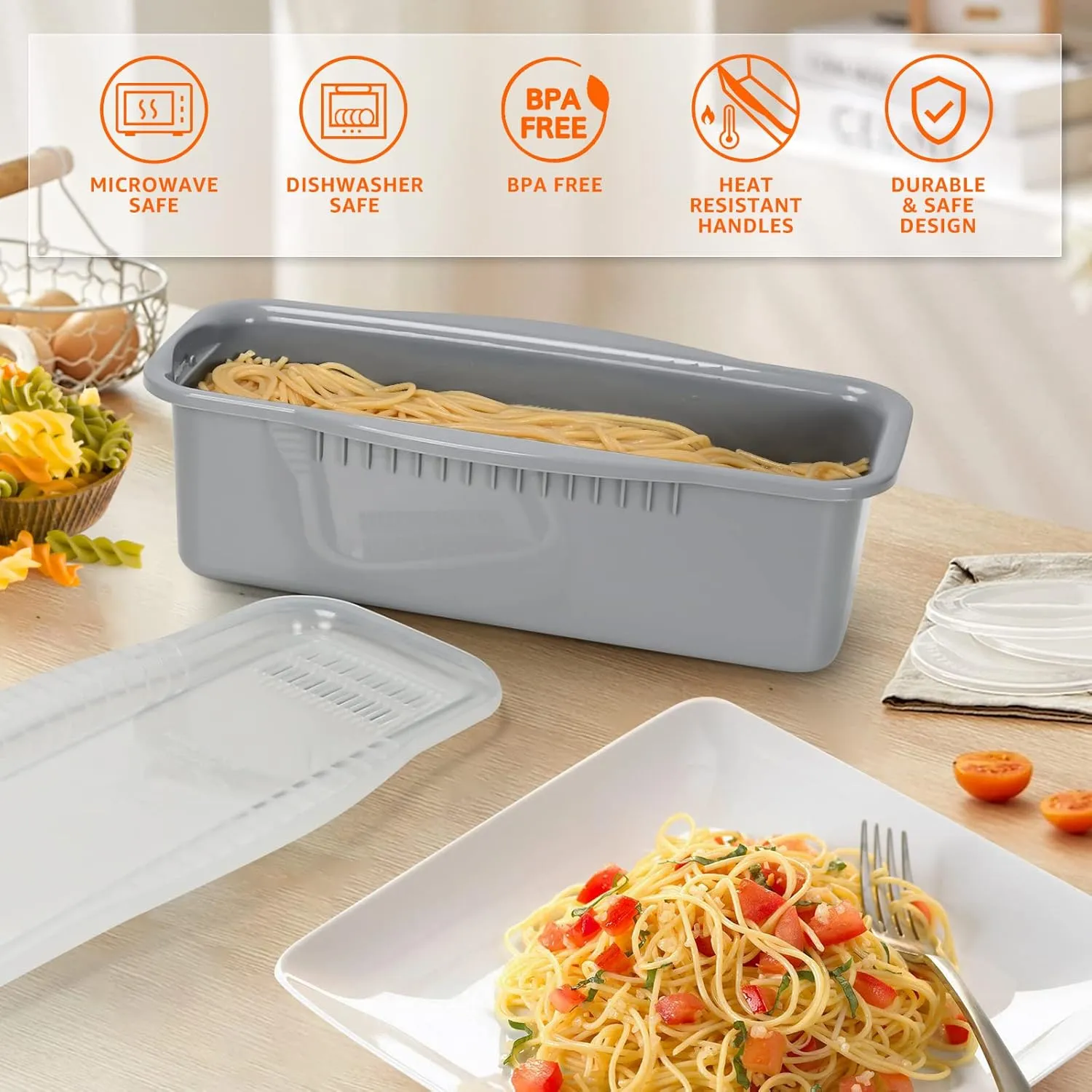 Microwave Pasta Cooker with Strainer Lid- Quick and Easy Cooks 4 Servings Spaghetti Cooker- No Sticking or Waiting For Boil- Perfect Make Pasta Every Time- For Dorm, Kitchen or Office