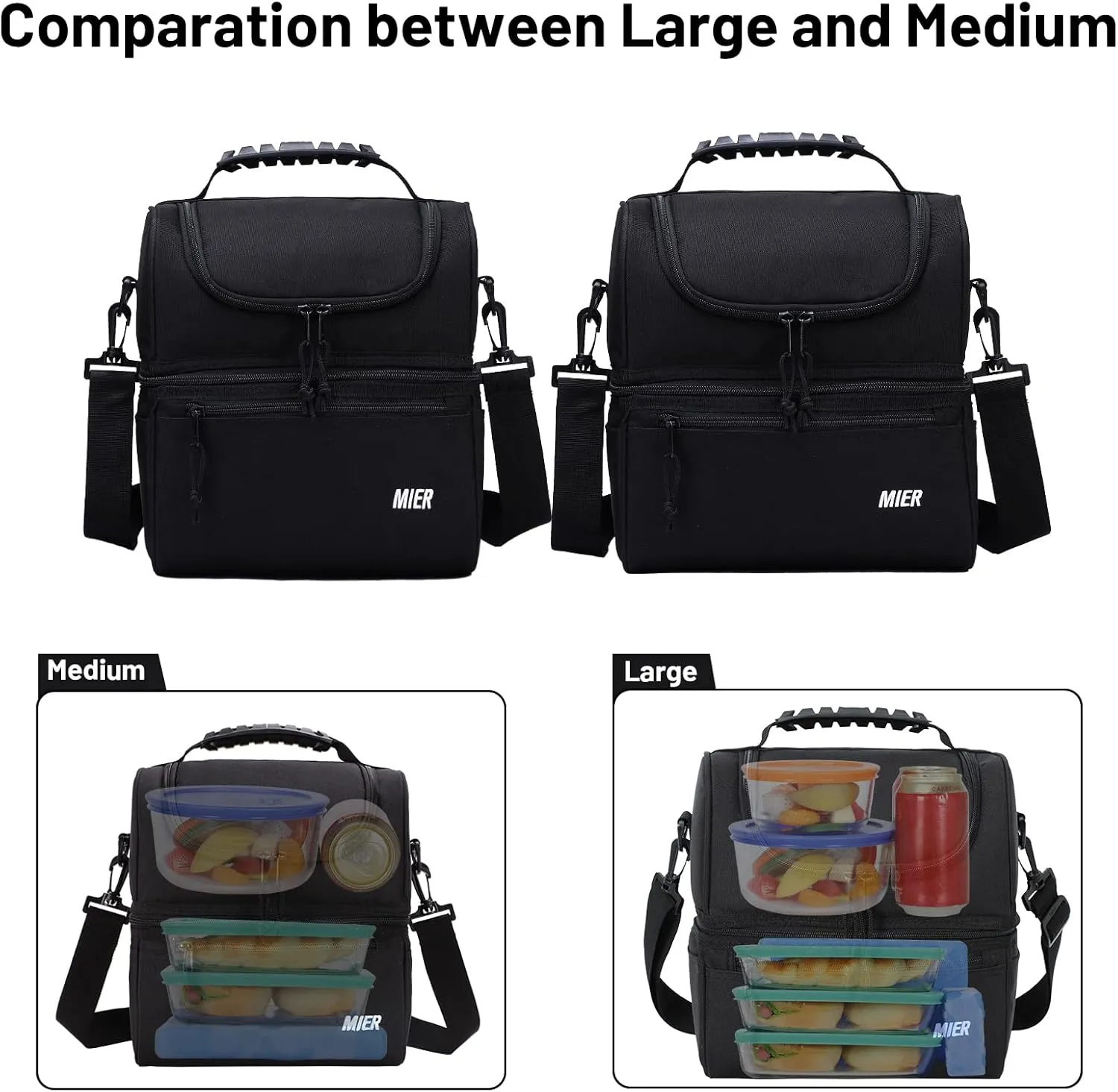MIER 2 Compartment Lunch Bag for Men Women, Leakproof Insulated Cooler Bag for Work, Black