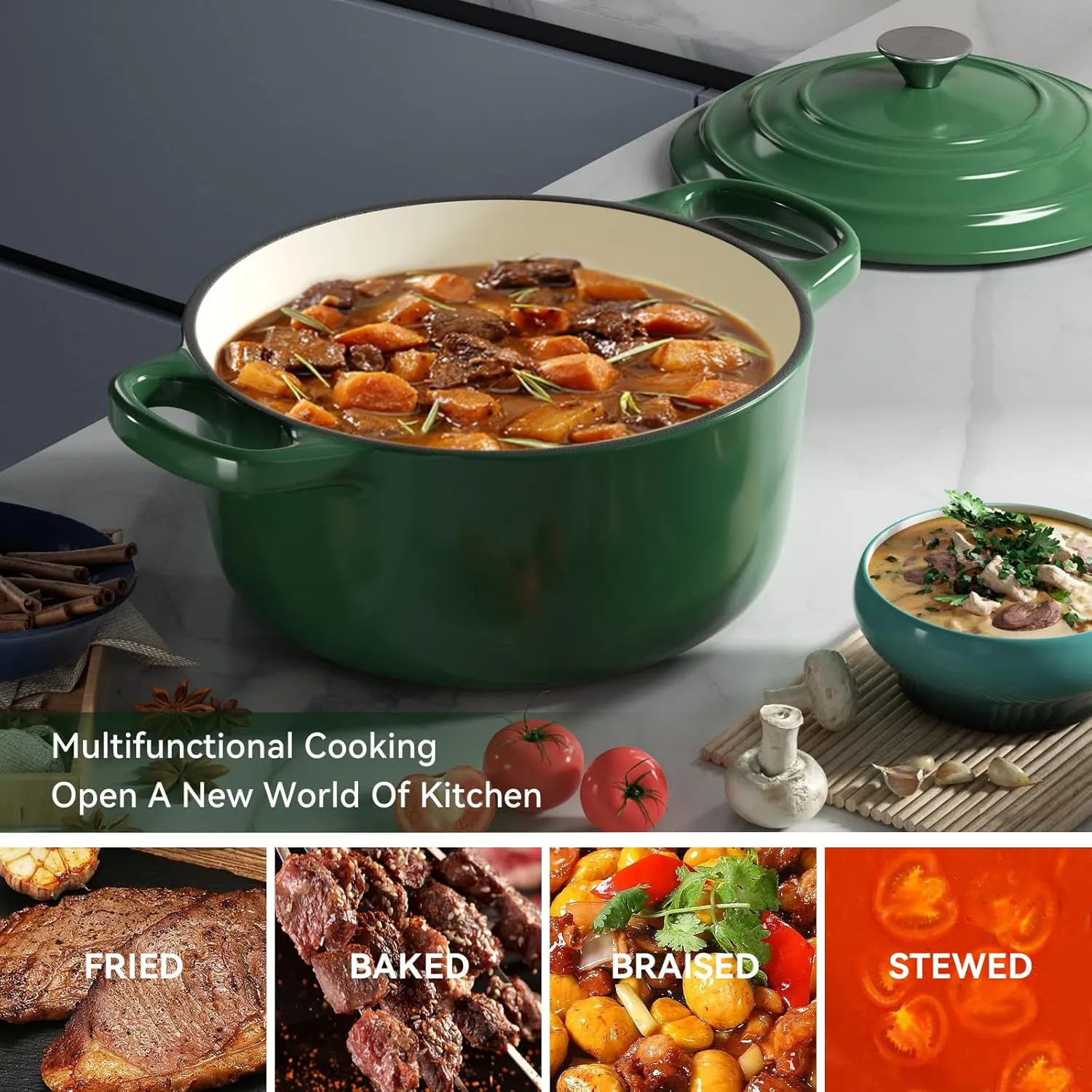 Miereirl 6 Quart Enameled Dutch Oven Pot with Lid, Cast Iron Dutch Oven with Dual Handles for Bread Baking, Cooking, Non-stick Enamel Coated Cookware (Green)