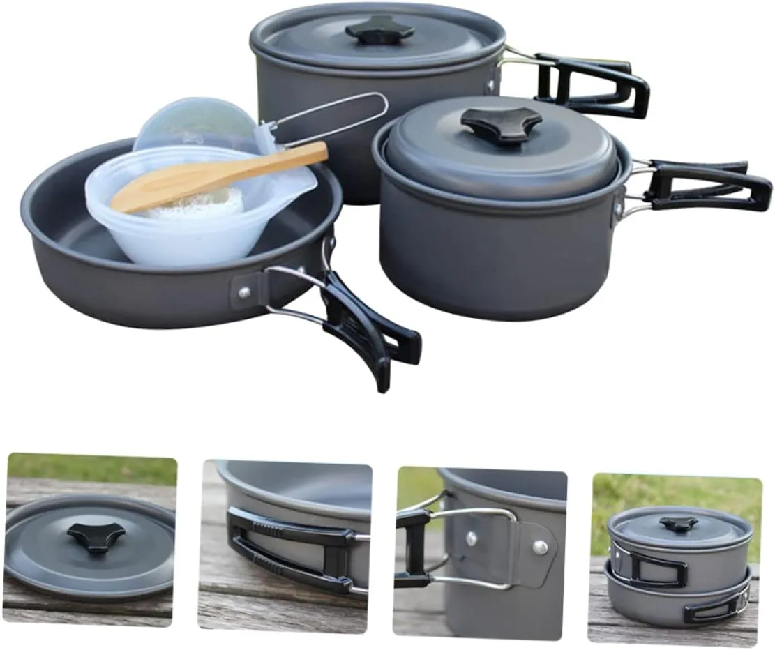 Mikikit 1Set Portable Camping Cookware for People Non Stick Cooking Equipment with Pot Pot Frying Pan Utensils and Mesh Bag for Outdoor BBQ Picnic