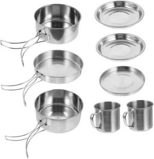 Mikikit Titanium Camping Cookware 8-Piece Outdoor Cooking Set Stainless Steel Pot Frying Pan and Utensils