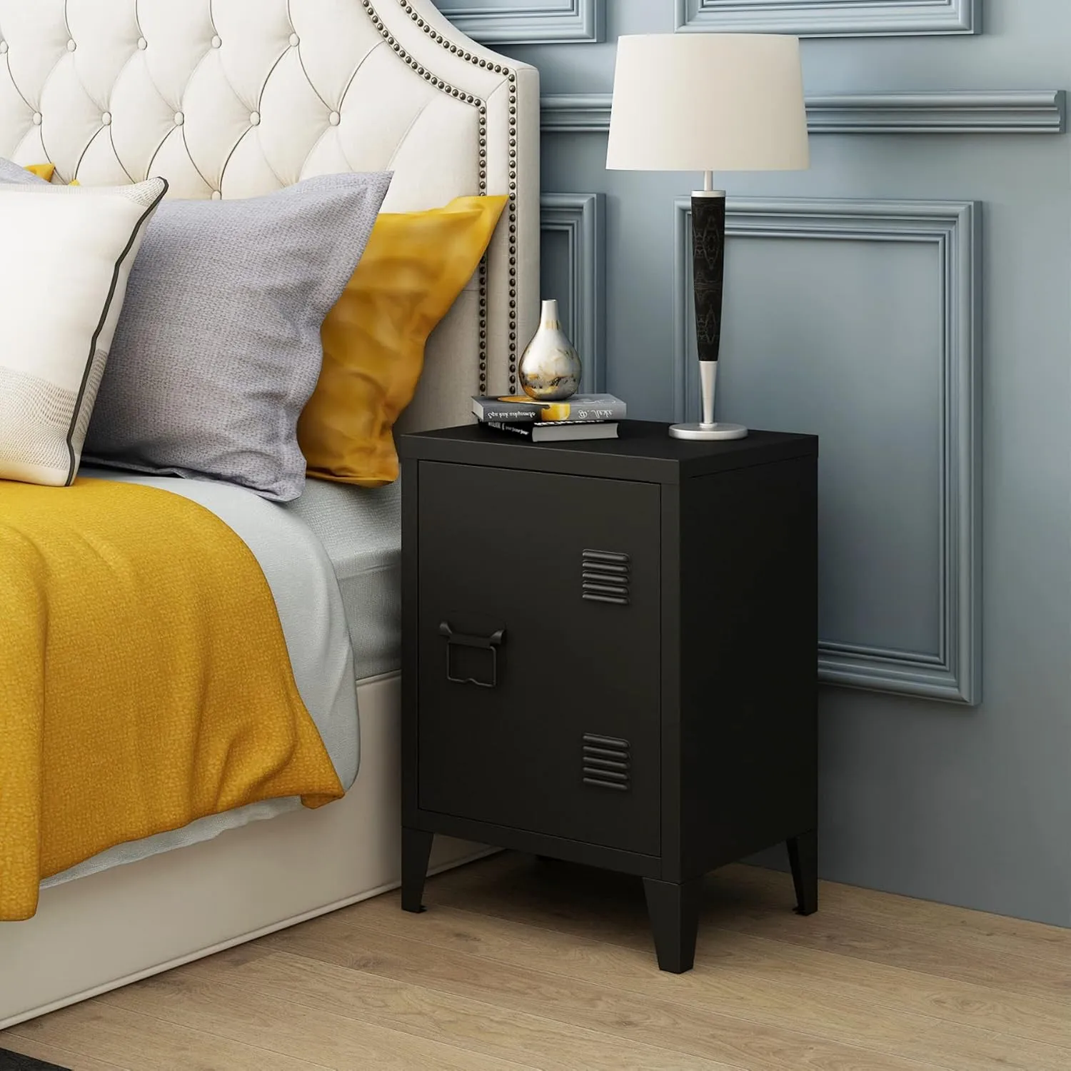 MIOCASA Nightstand Modern End Side Table Steel Bedside Storage Cabinet with Shelf Easy Assembly for Living Room Bedroom (Black)