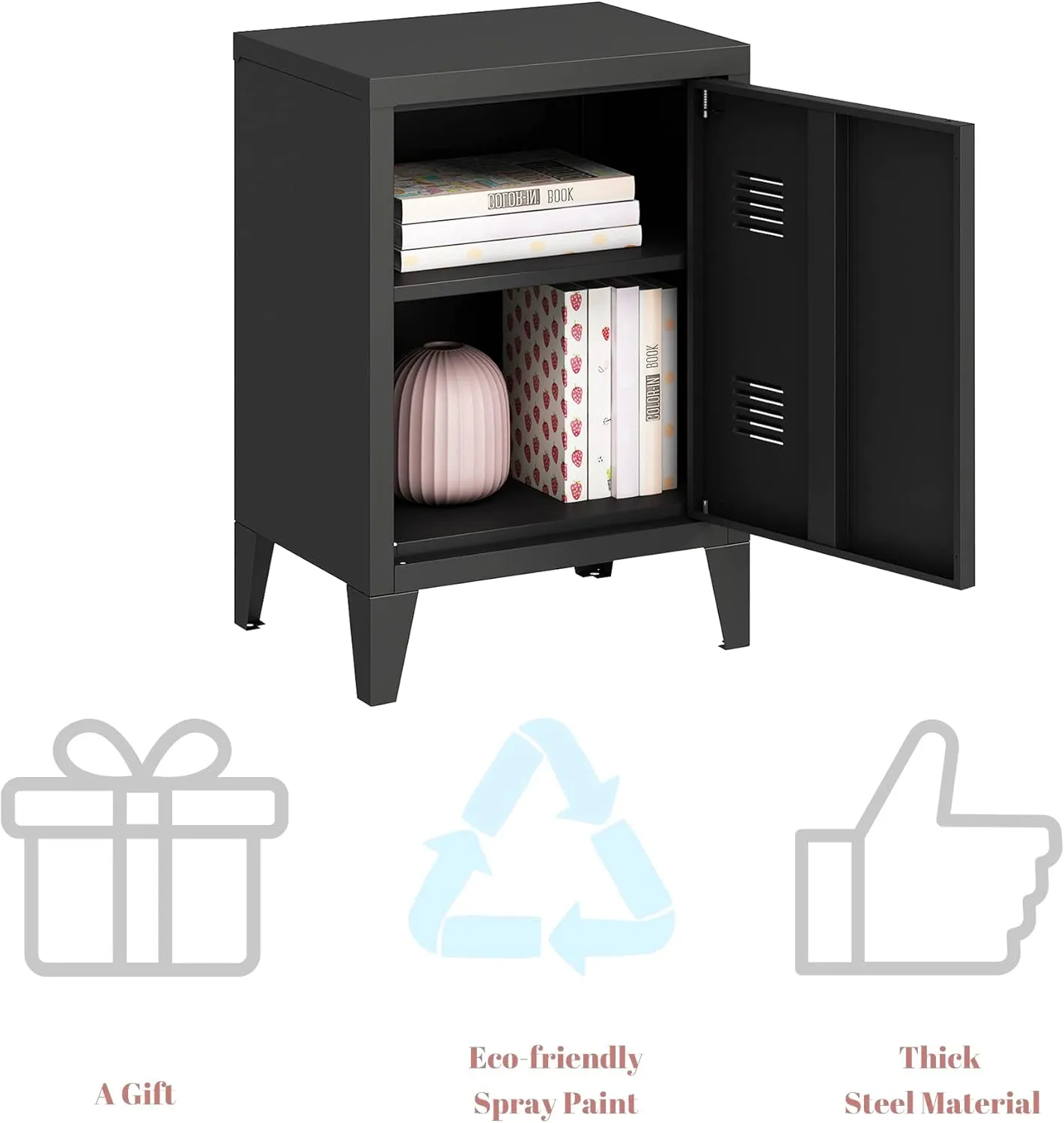 MIOCASA Nightstand Modern End Side Table Steel Bedside Storage Cabinet with Shelf Easy Assembly for Living Room Bedroom (Black)