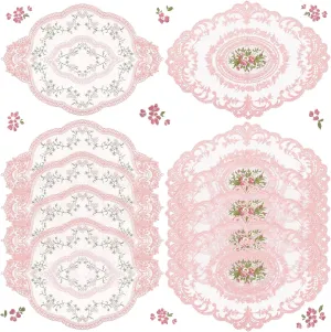Mixweer 10 Pcs Pink Retro Lace Placemats Oval Embroidered Table Place Mats French Crochet Doilies Vintage Coasters Cup Mat 12'' x 16'' for Wedding Cup Vase Table Decor