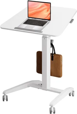 Mobile Standing Desk with 90° Tiltable Desktop, Portable Rolling Sit Stand Table, Foldable Podium on Wheels, Height Adjustable Laptop Workstation for Home Office, White