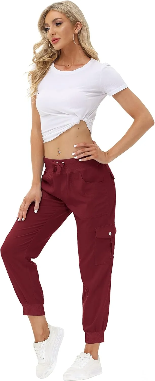MoFiz Women's Lightweight Hiking Cargo Pants Outdoor Quick Dry Casual Travel Sweatpants Joggers Elastic Waist Button Pockets