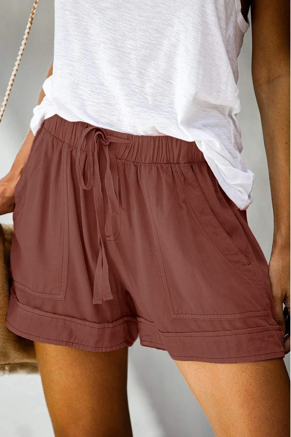 Mosucoirl Women Comfy Drawstring Casual Elastic Waist Pure Color Shorts Summer Beach Lightweight Short Pants with Pockets