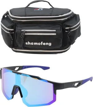 Motorcycle Waist Bag Fanny Pack and Cycling Glasses For Men Women Hip Bum Bag with Multi-Pockets Large Capacity Casual Bum Bag for Cycling Hiking Running, Black
