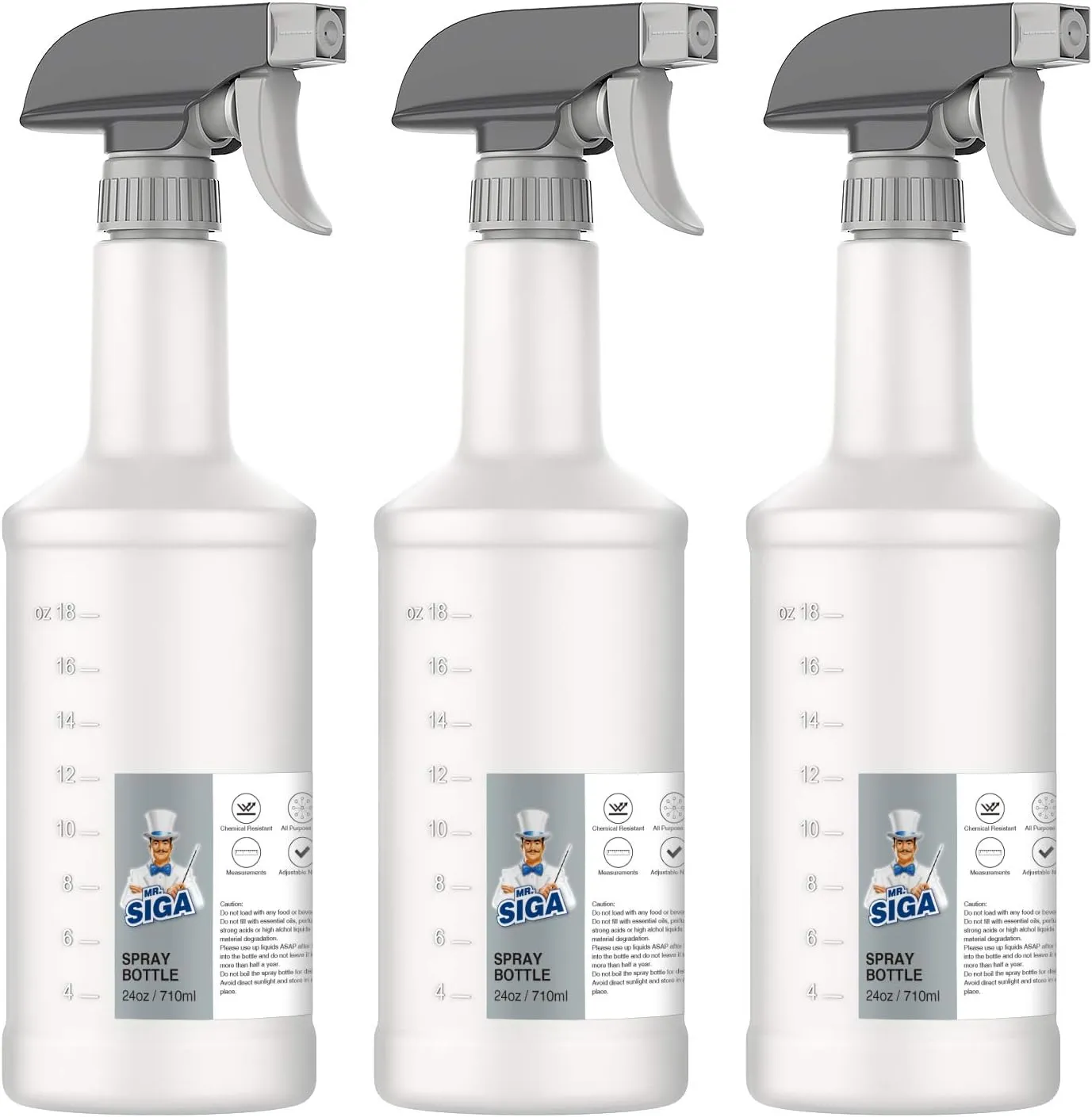 MR.SIGA 24 oz Empty Plastic Spray Bottles for Cleaning Solutions, Heavy Duty Household Reusable Spray Bottles with Measurements and Adjustable Leak Proof Nozzle, 3 Pack