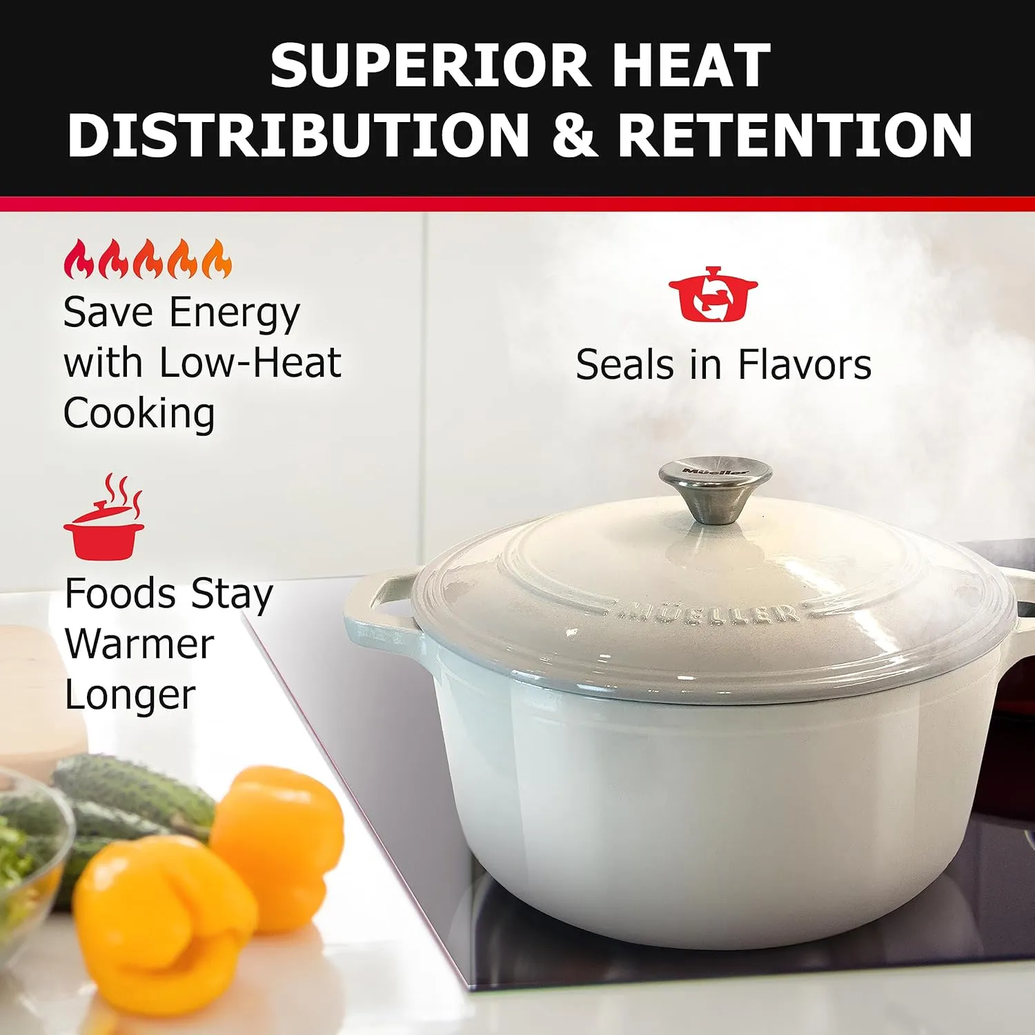 Mueller Cast Iron Dutch Oven Pot with Lid, 6 Quart Enameled, Dual Handles, Stainless Steel Knob, Stew & Induction Pot - For Braising, Roasting, Baking, Cast Iron Bread Pan with Lid, White