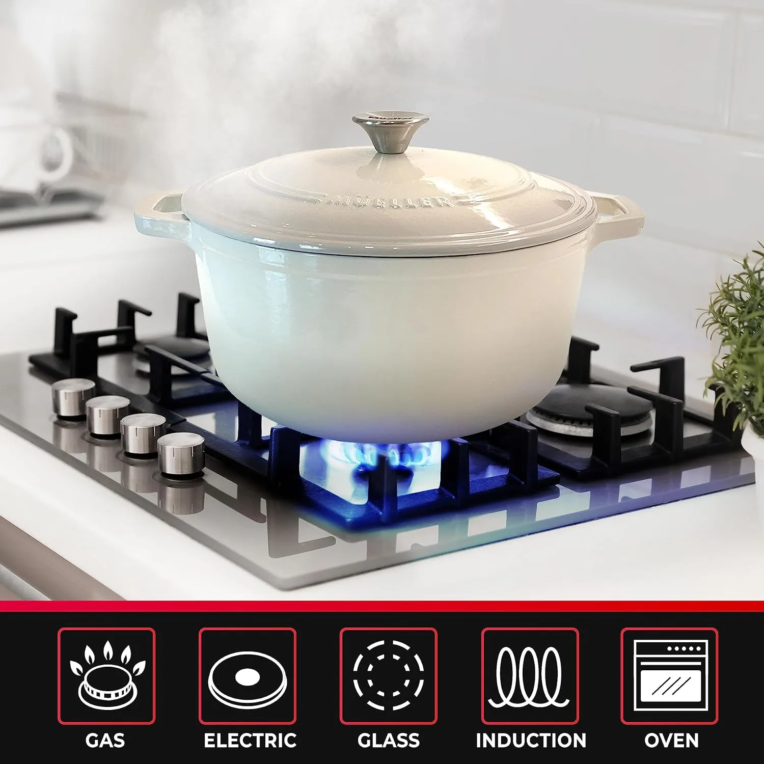 Mueller Cast Iron Dutch Oven Pot with Lid, 6 Quart Enameled, Dual Handles, Stainless Steel Knob, Stew & Induction Pot - For Braising, Roasting, Baking, Cast Iron Bread Pan with Lid, White
