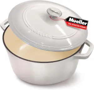 Mueller Cast Iron Dutch Oven Pot with Lid, 6 Quart Enameled, Dual Handles, Stainless Steel Knob, Stew & Induction Pot - For Braising, Roasting, Baking, Cast Iron Bread Pan with Lid, White