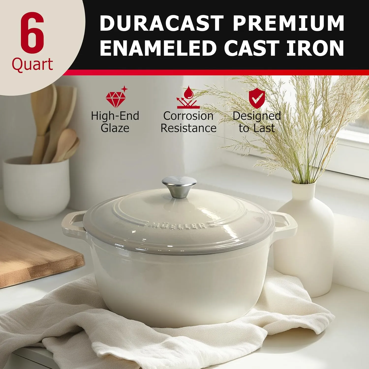 Mueller Cast Iron Dutch Oven Pot with Lid, 6 Quart Enameled, Dual Handles, Stainless Steel Knob, Stew & Induction Pot - For Braising, Roasting, Baking, Cast Iron Bread Pan with Lid, White