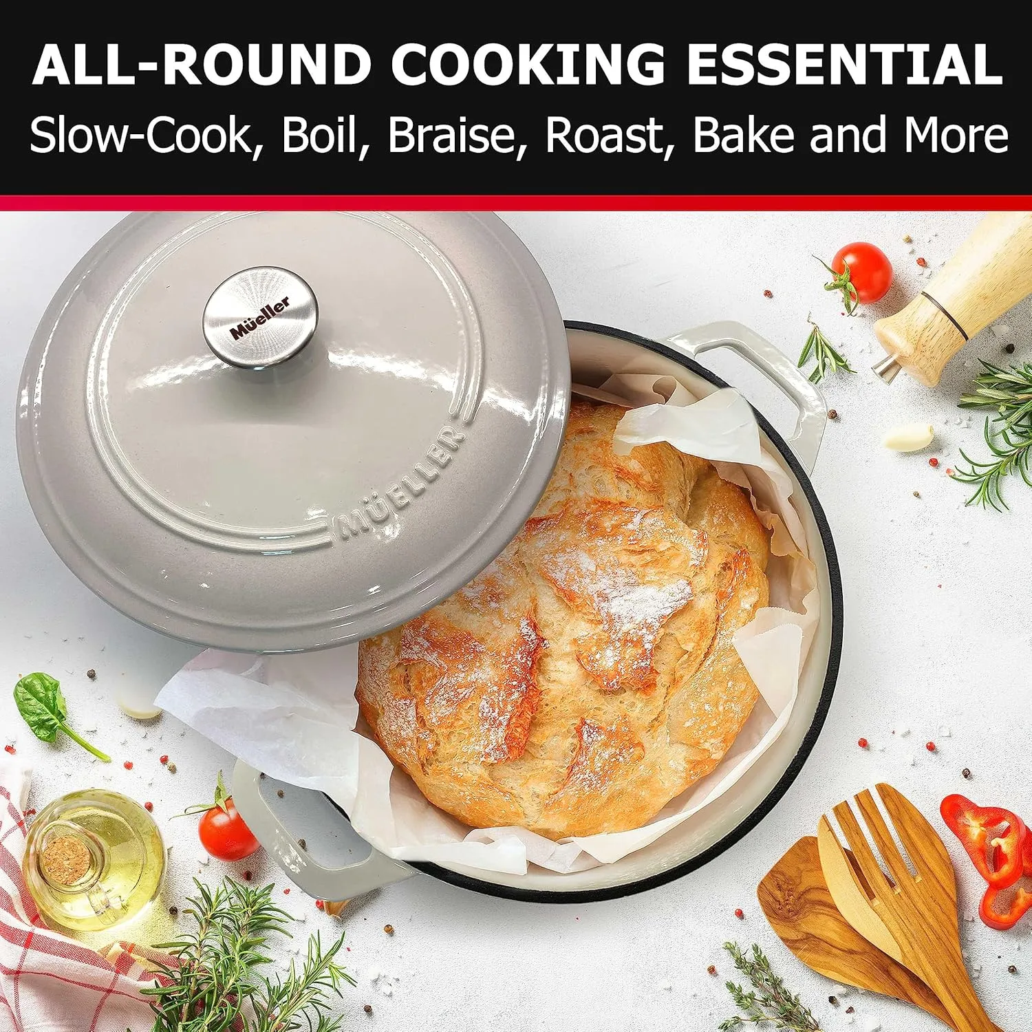 Mueller Cast Iron Dutch Oven Pot with Lid, 6 Quart Enameled, Dual Handles, Stainless Steel Knob, Stew & Induction Pot - For Braising, Roasting, Baking, Cast Iron Bread Pan with Lid, White