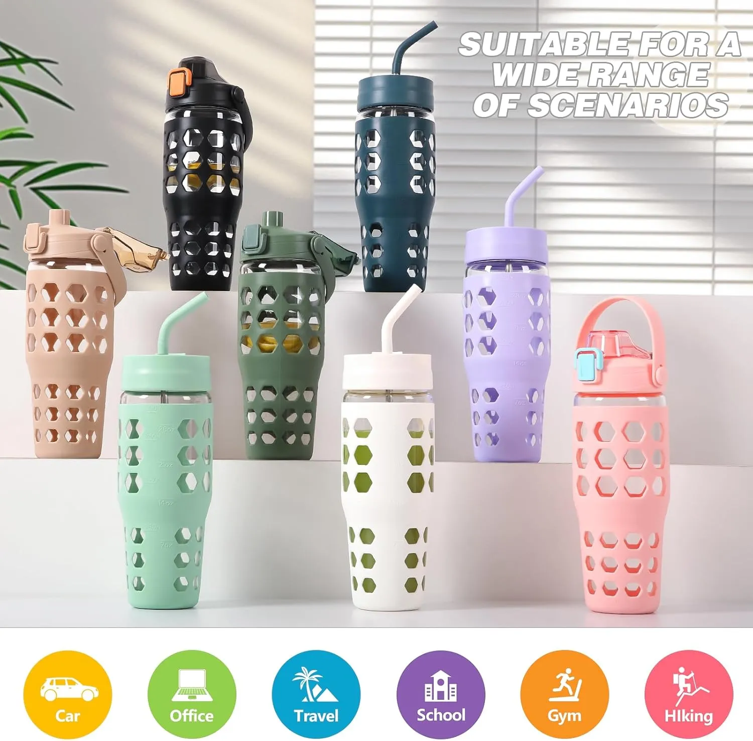 MUKOKO 32 oz Glass Tumbler with Straw,Glass Water Bottles with Time Marker,Iced Coffee Cup with 2 Lids-Handle Spout Lid&Straw Lid,Silicone Sleeve,Leakproof,1 Pack-White