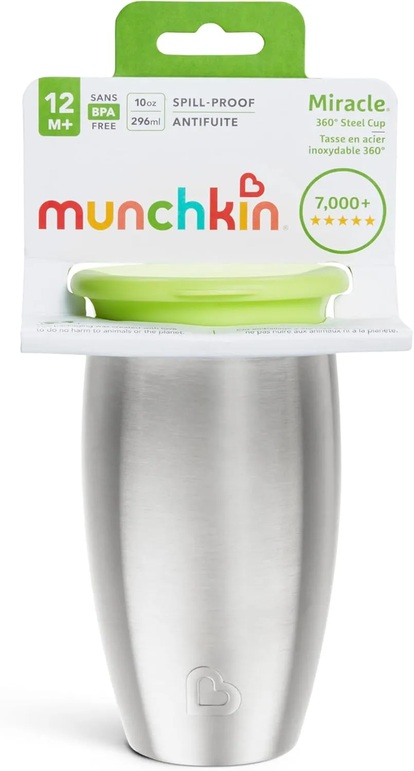 Munchkin Stainless Steel Sippy Cups for Toddlers 1-3, Spill Proof Miracle 360 Cup, Insulated, 10 Ounce, Green
