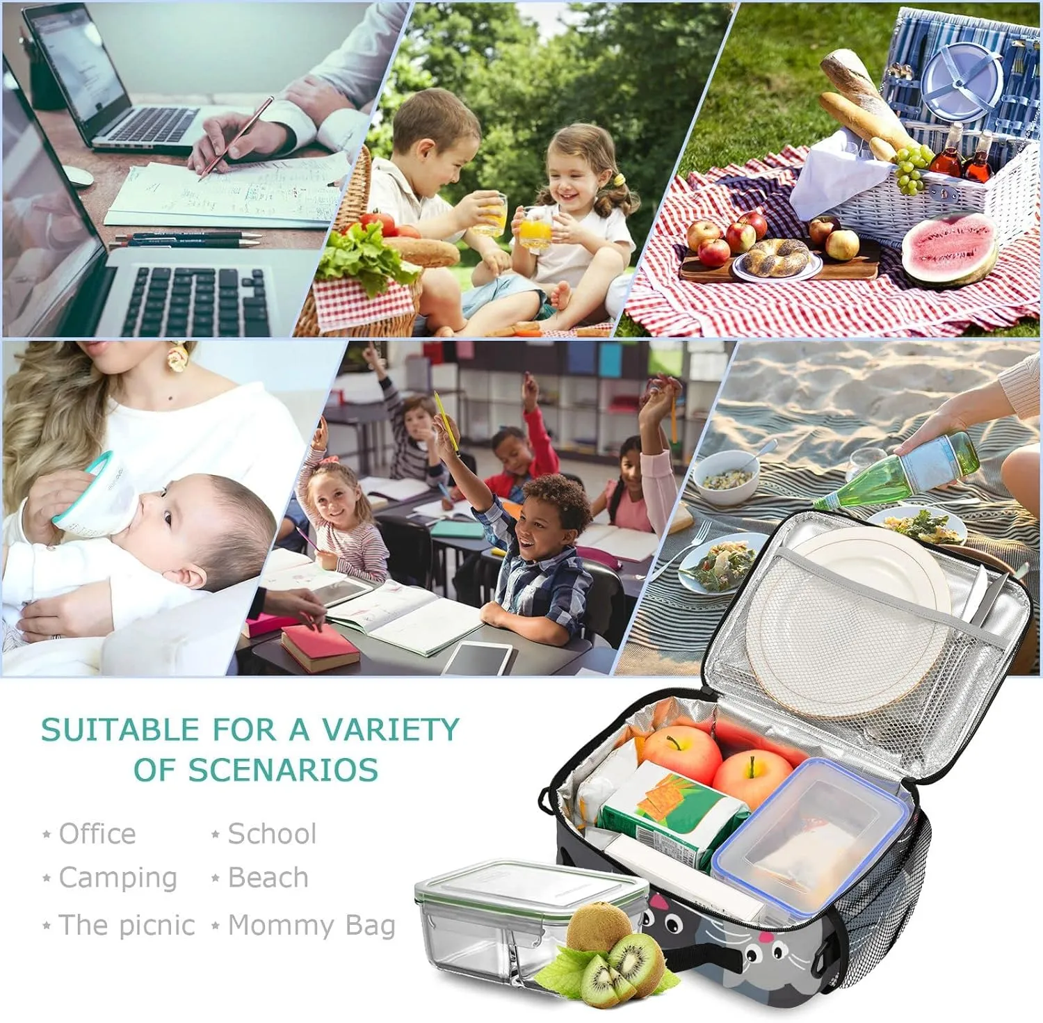Naanle Funny Grey Cats Lunch Bag with Adjustable Shoulder Strap Insulated Leakproof Tote Bag Picnic Box Double Zippers Wide Open Lunch Container Bag for Office Work School Home