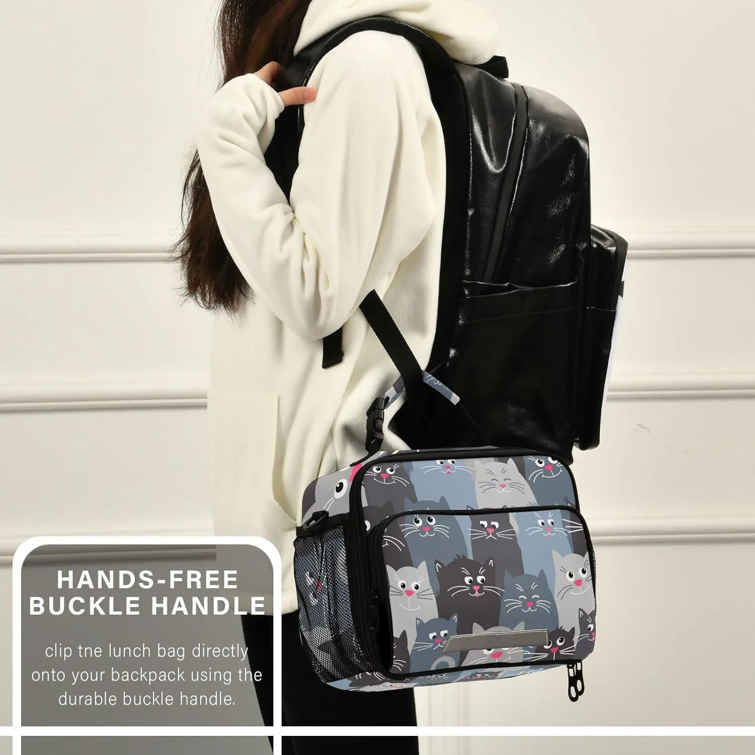 Naanle Funny Grey Cats Lunch Bag with Adjustable Shoulder Strap Insulated Leakproof Tote Bag Picnic Box Double Zippers Wide Open Lunch Container Bag for Office Work School Home