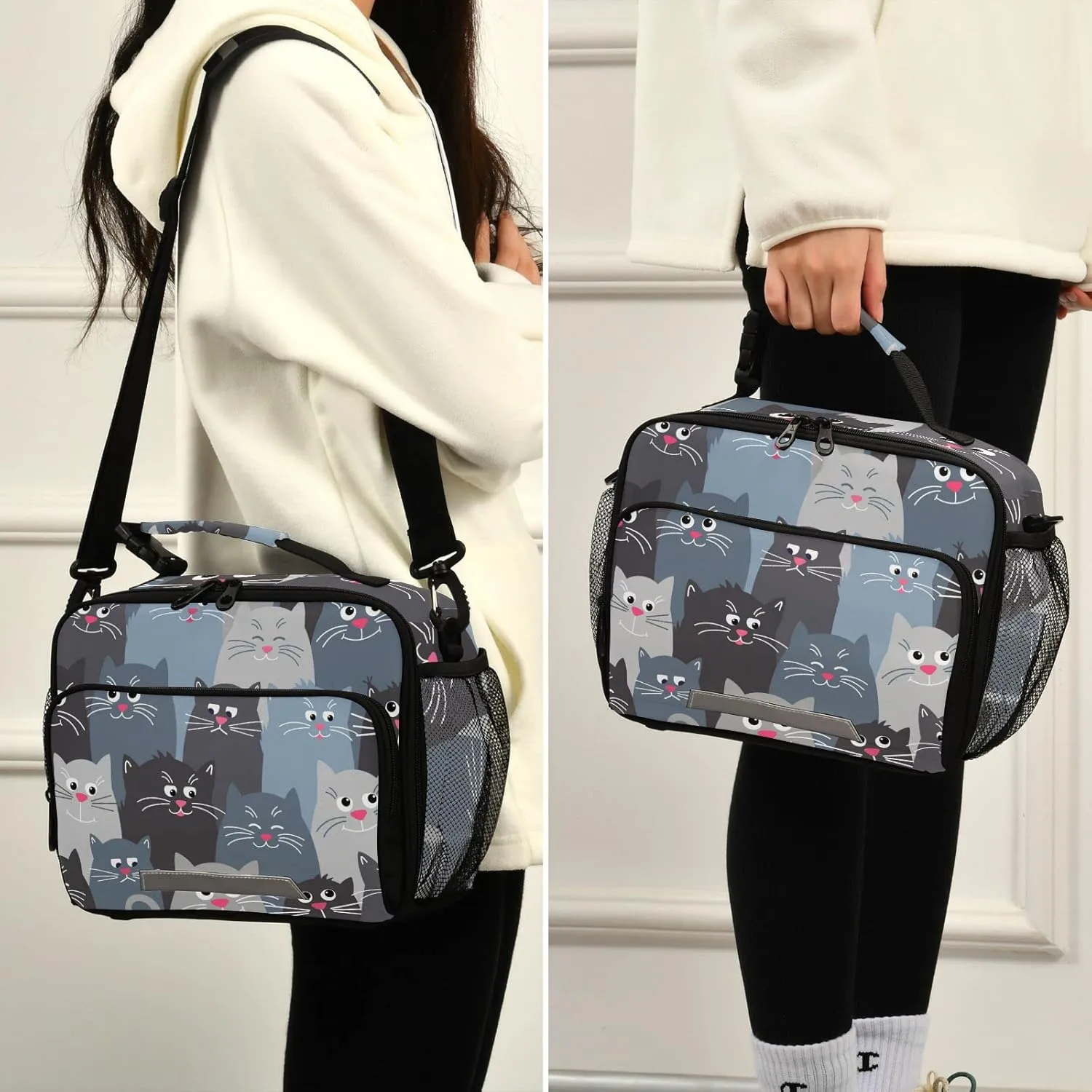 Naanle Funny Grey Cats Lunch Bag with Adjustable Shoulder Strap Insulated Leakproof Tote Bag Picnic Box Double Zippers Wide Open Lunch Container Bag for Office Work School Home