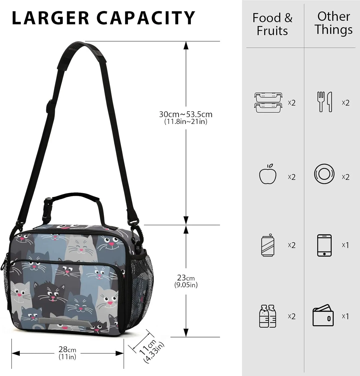 Naanle Funny Grey Cats Lunch Bag with Adjustable Shoulder Strap Insulated Leakproof Tote Bag Picnic Box Double Zippers Wide Open Lunch Container Bag for Office Work School Home